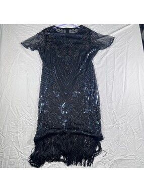 Women's M Black Beaded Sequin Fringe Flapper Dress Gatsby Art Deco Party
